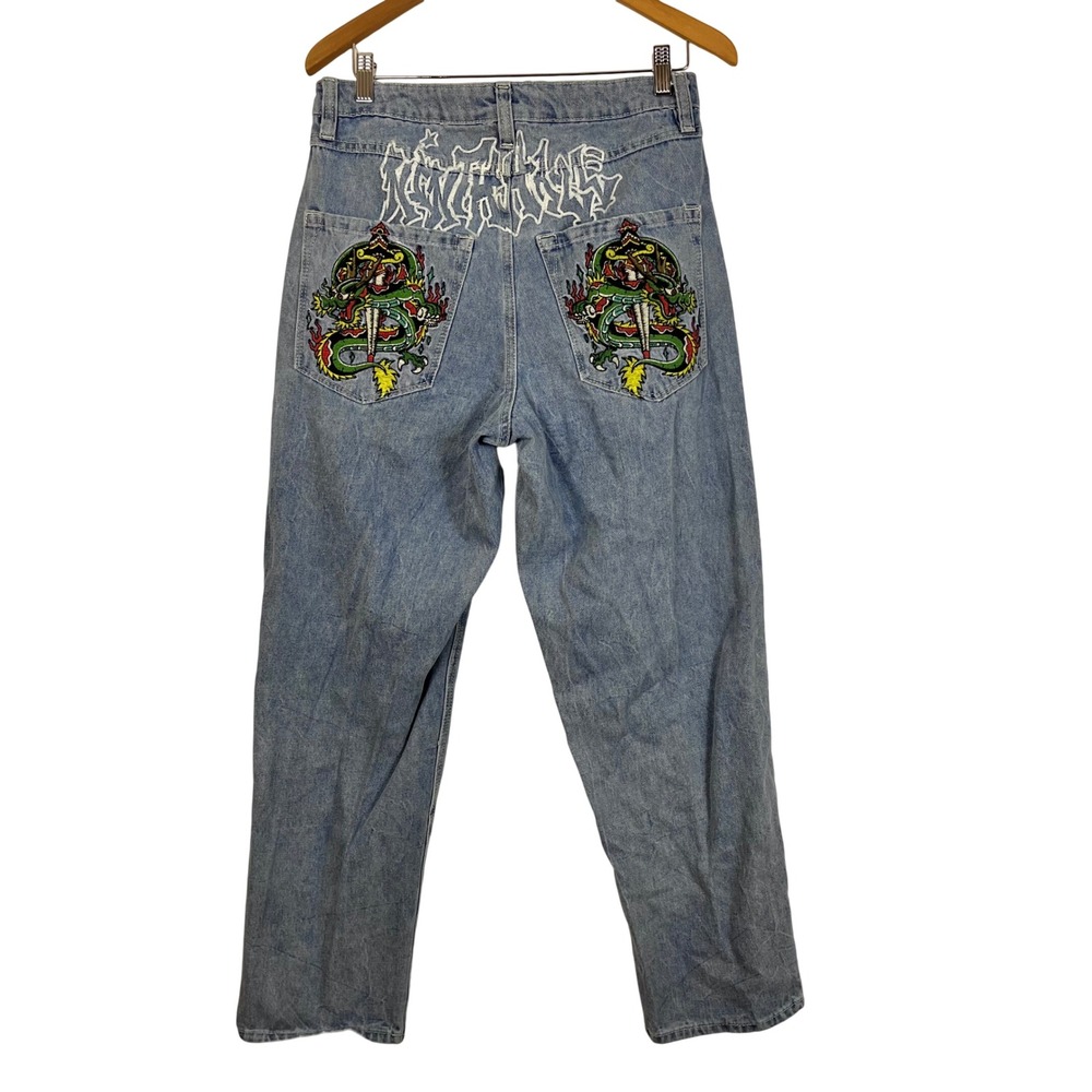 Ambush Embroidered Dragon Graffiti Baggy Jeans Blue Acid Wash Size‎ 30 (P740) - Picture 3 of 9
